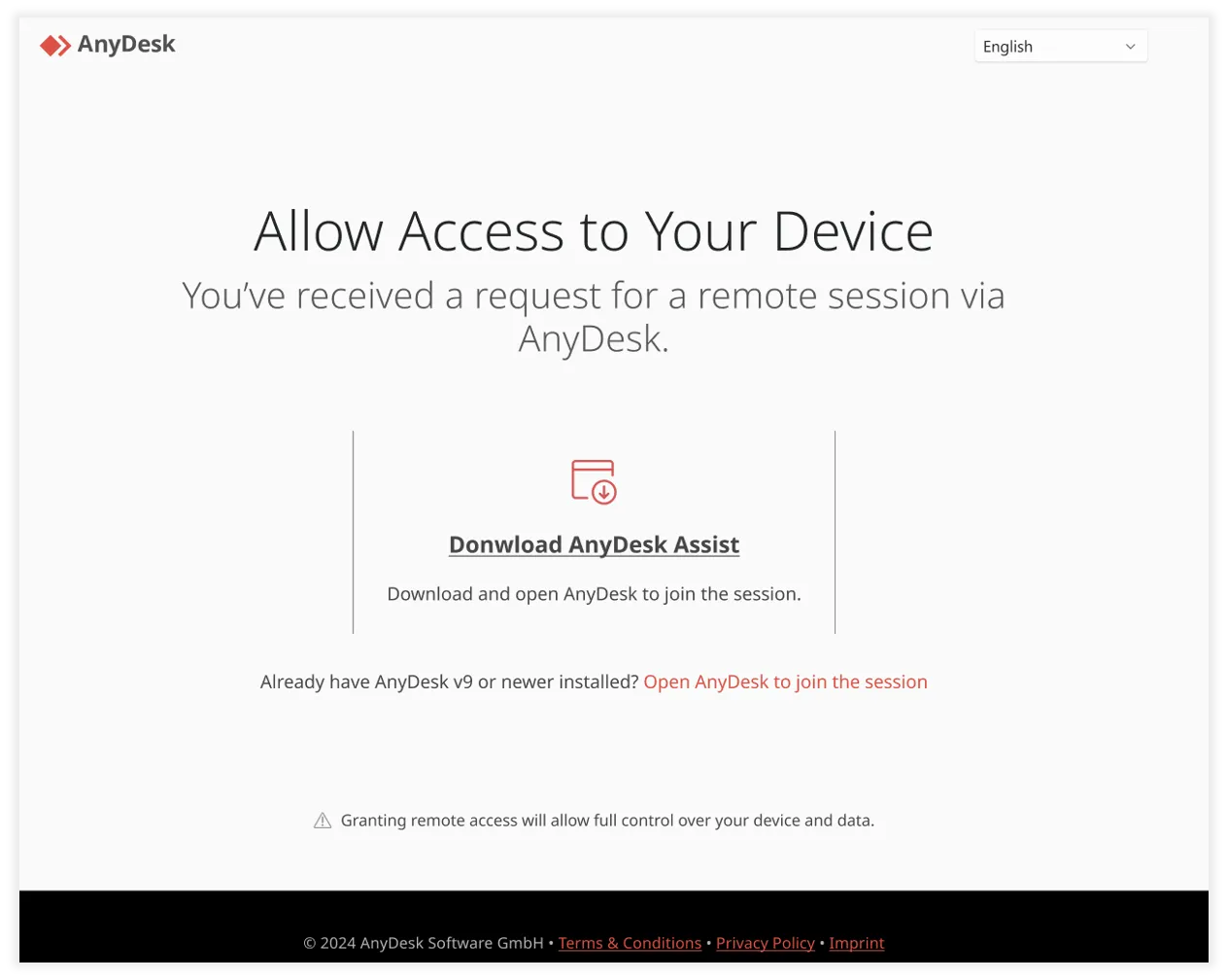 AnyDesk remote session request with download instructions for AnyDesk Assist application.