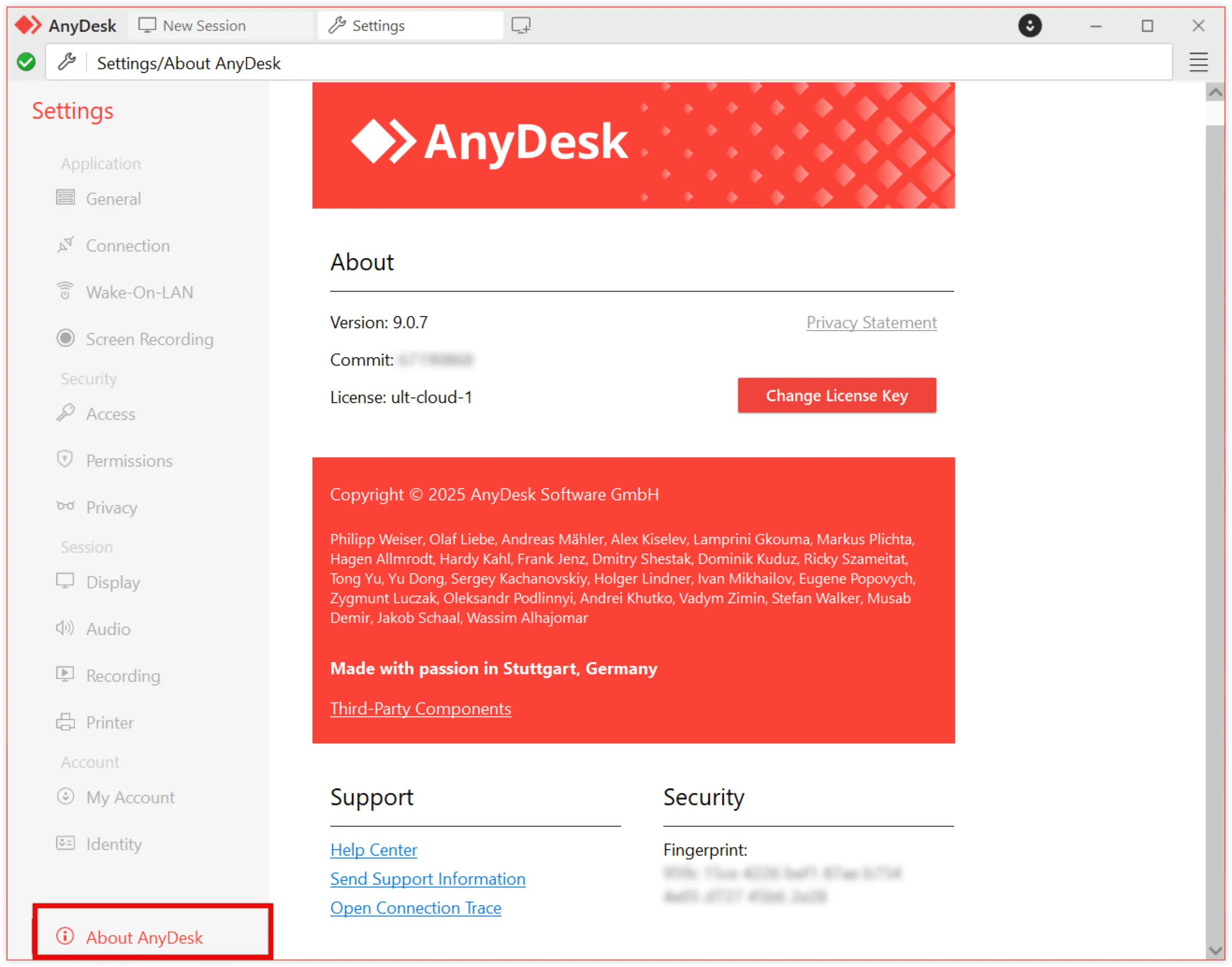 AnyDesk settings page showing version, license information, and copyright details.
