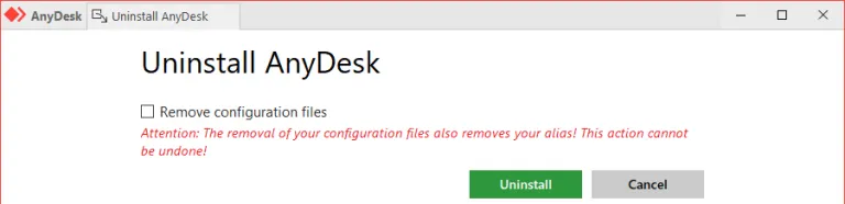 Uninstall AnyDesk window showing options and warning about configuration file removal.