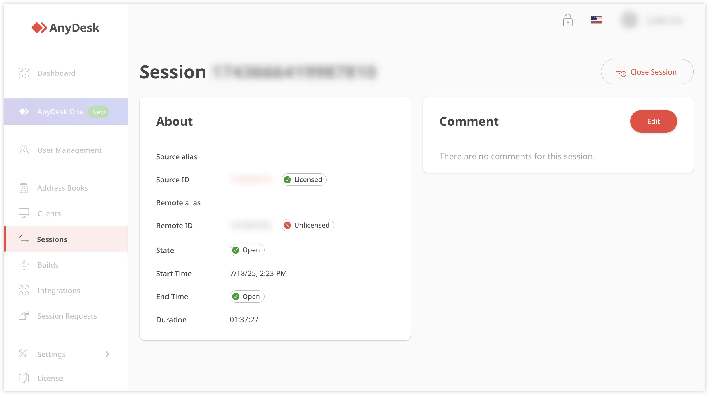 AnyDesk session details showing licensed and unlicensed status with session duration.