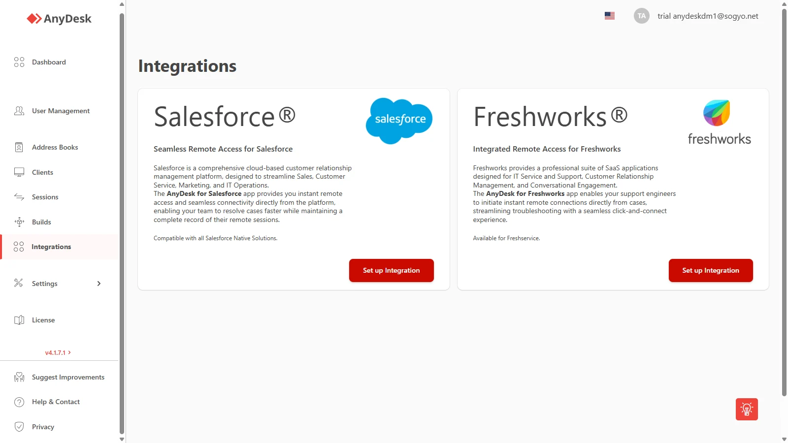 Sección Integrations de my.anydesk.com