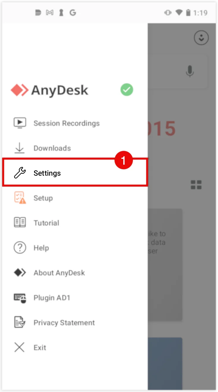 Menú de configuración de AnyDesk en Android con opciones de permisos