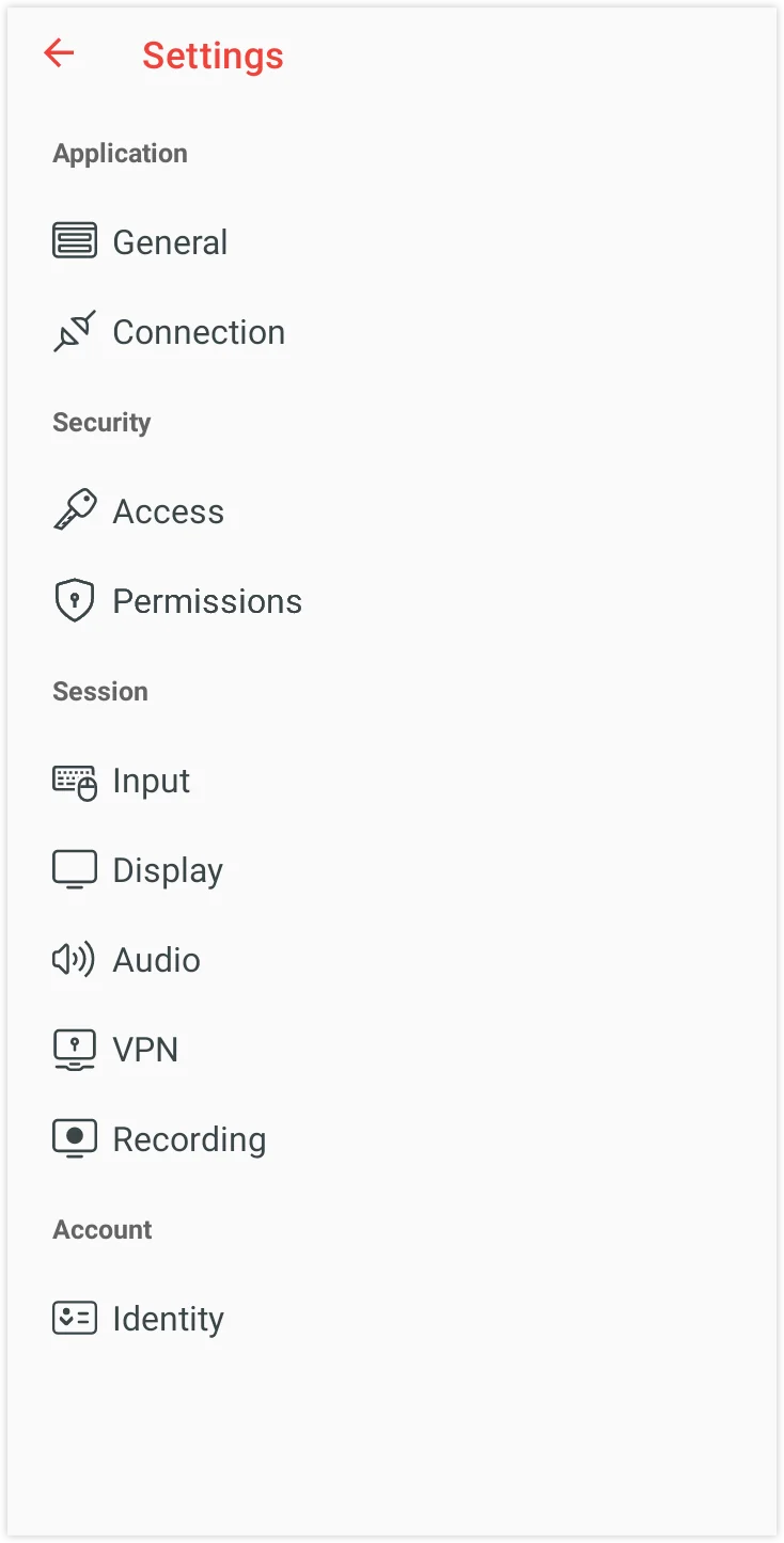 Menu de configuracion mostrando opciones de aplicacion, seguridad, sesion y cuenta