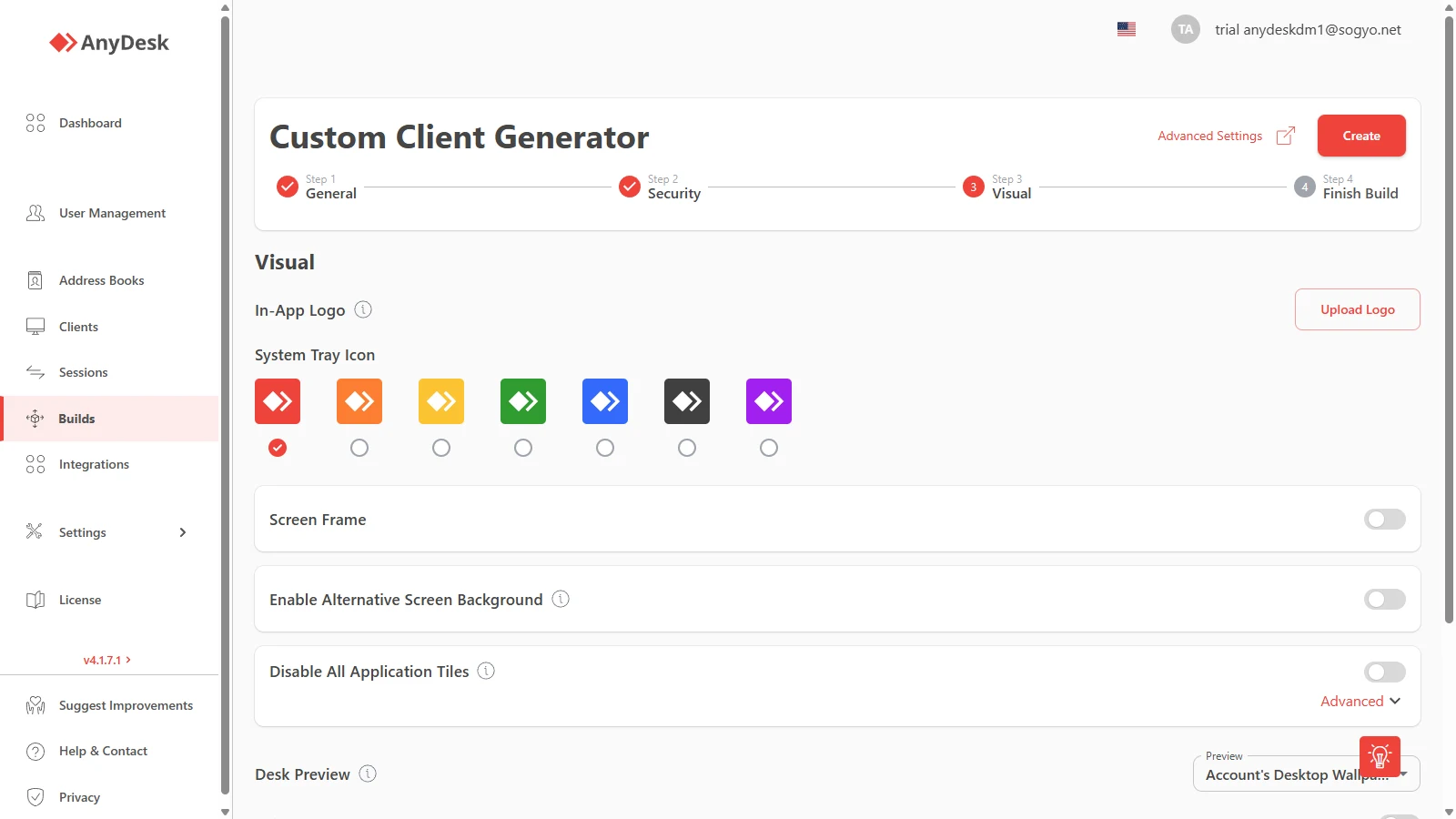 Paso Visual del Custom Client Generator en my.anydesk.com