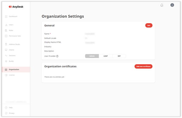 Configurações da organização