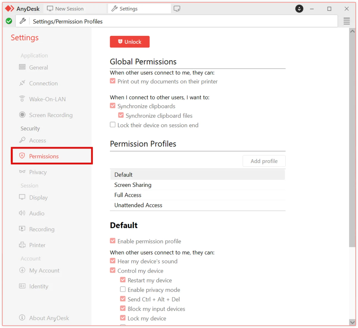 Configuración de perfiles de permisos en AnyDesk