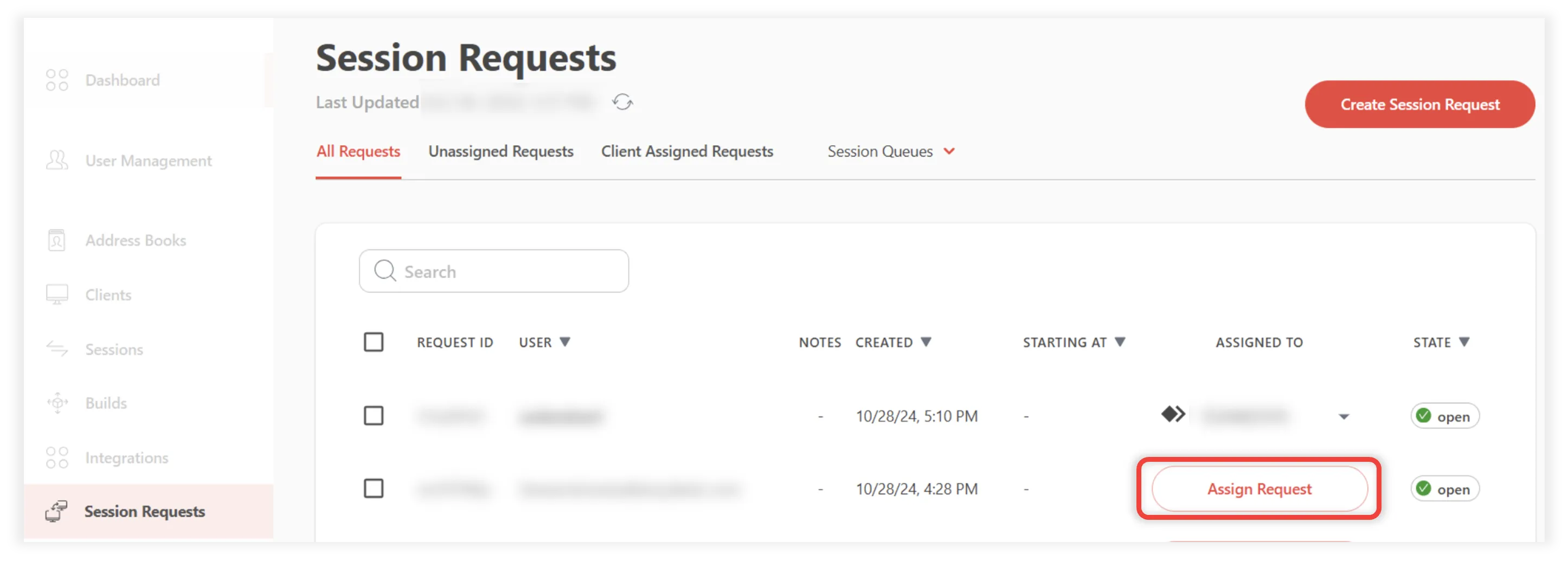 Session requests interface showing option to assign requests