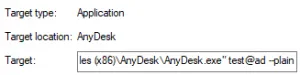 Application target details for AnyDesk, including location and executable path information.