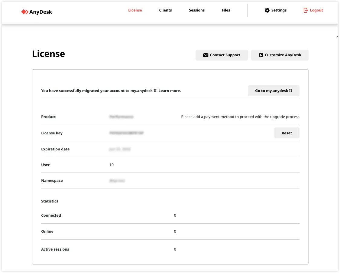 AnyDesk license information including product details, expiration date, and user statistics.