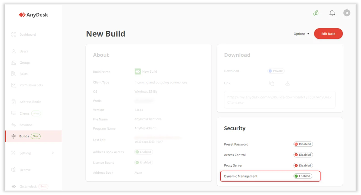 Sección Security del New Build en my.anydesk II con Dynamic Management, Preset Password y Access Control List