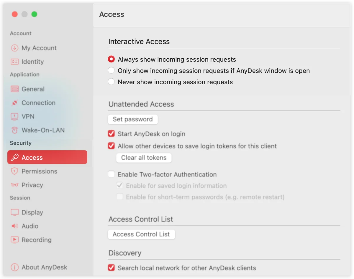 Configuración de acceso de AnyDesk con acceso interactivo, acceso no atendido y lista de control de acceso