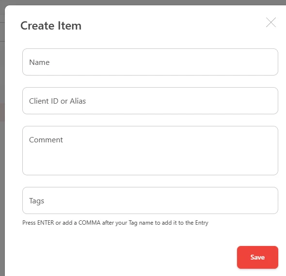 Diálogo Create Item con Name, Client ID, Comment y Tags