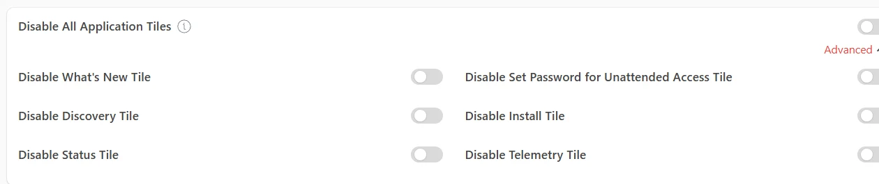 Disable All Application Tiles con la sección Advanced expandida