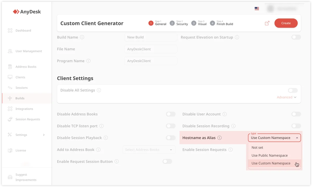 Generador de clientes personalizados de AnyDesk con la configuración de namespace