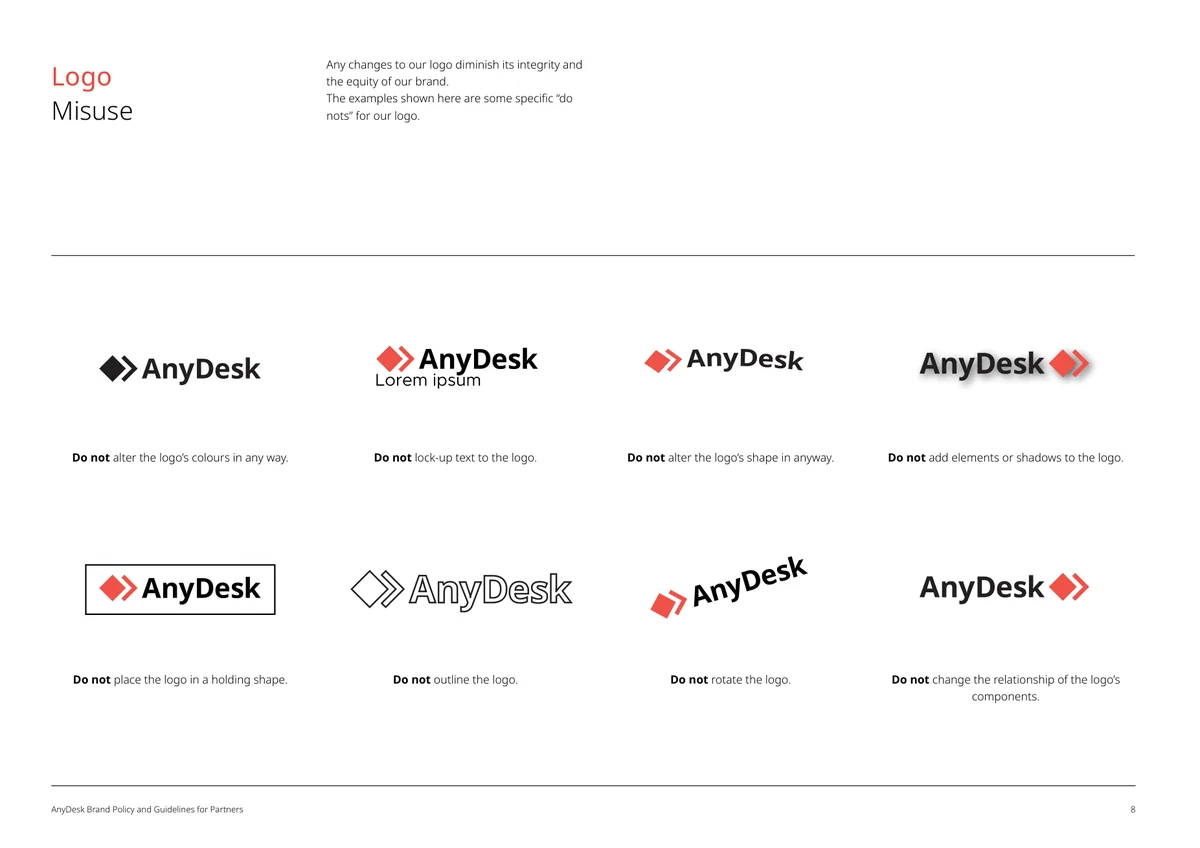 Ejemplos de usos incorrectos del logo de AnyDesk que están prohibidos