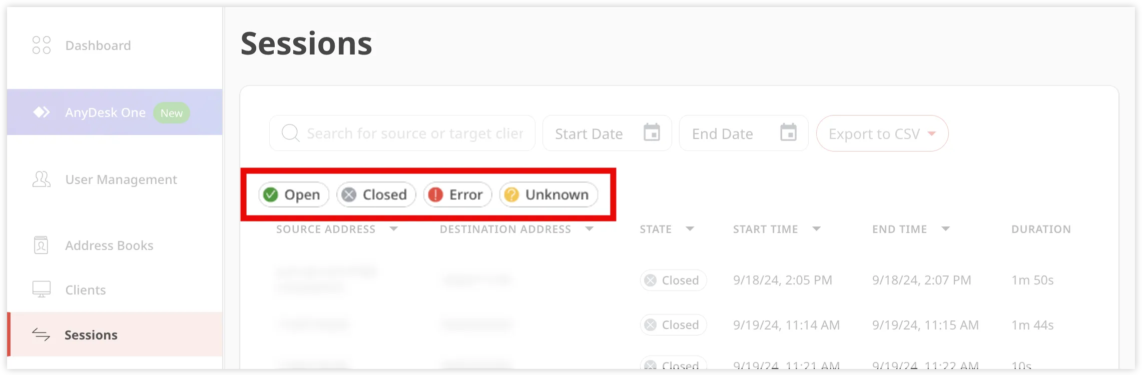 Session statuses displayed include Open, Closed, Error, and Unknown for tracking.