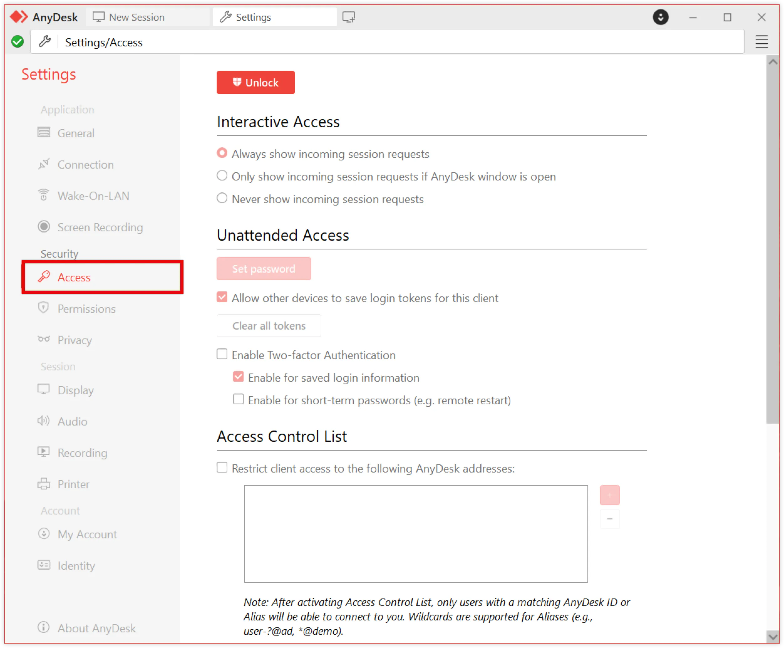 Settings menu for AnyDesk showing access options and security features.