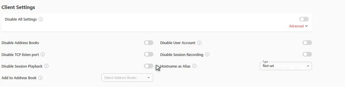 Client Settings con todos los toggles y Add to Address Book
