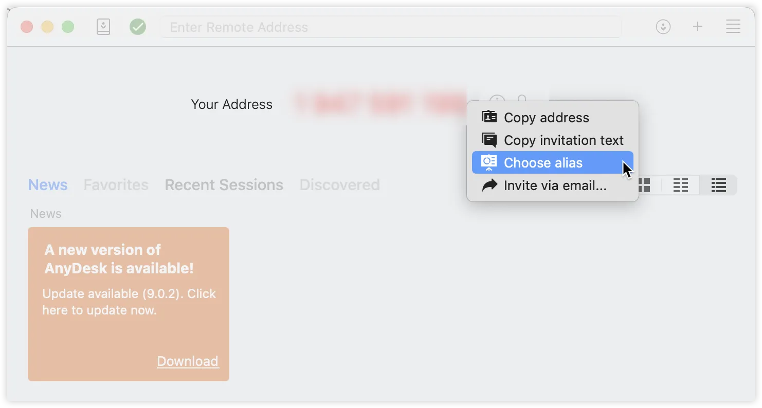 AnyDesk interface showing how to set an Alias.