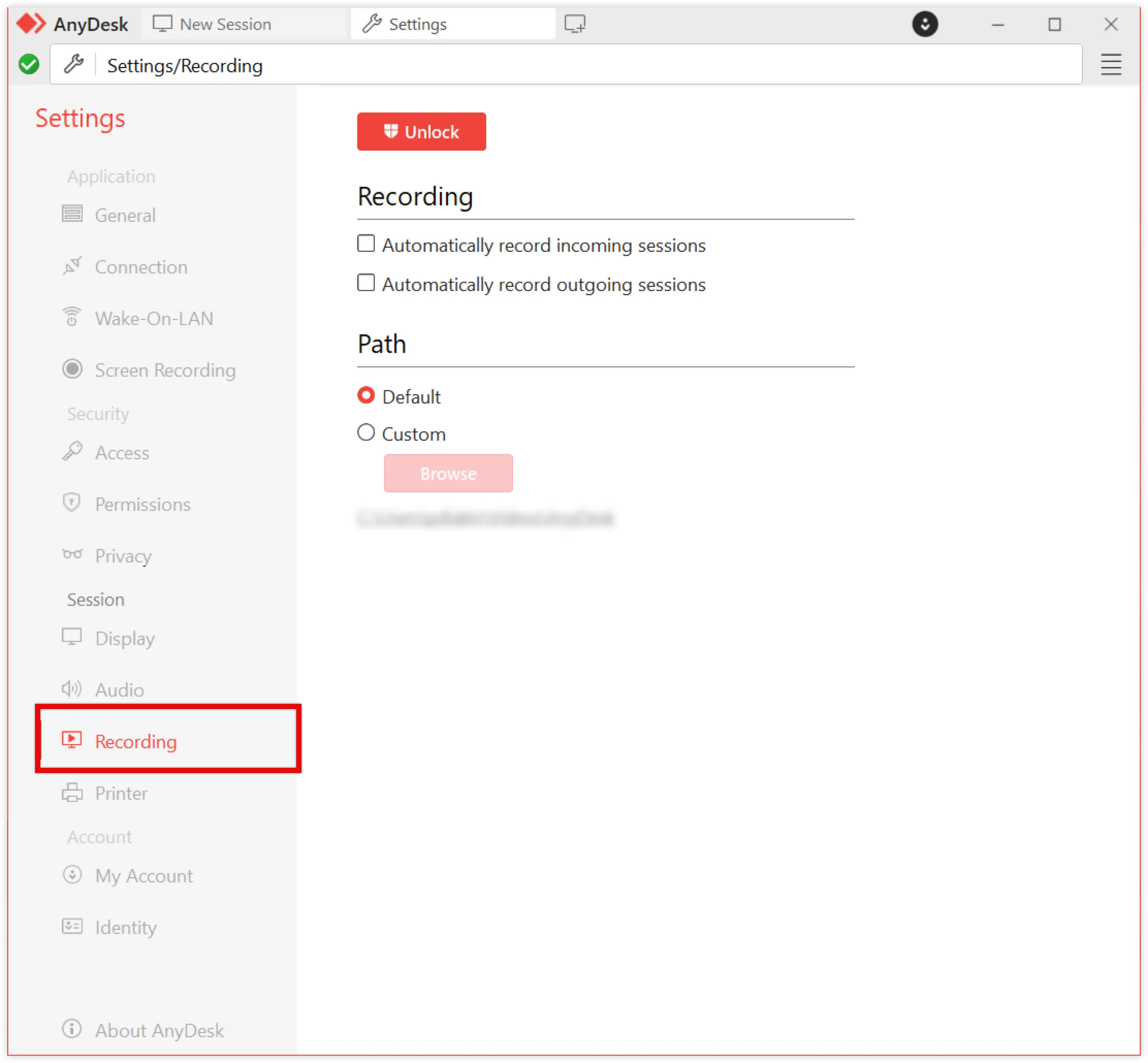 AnyDesk settings menu showing recording options and path selection for screen recordings.