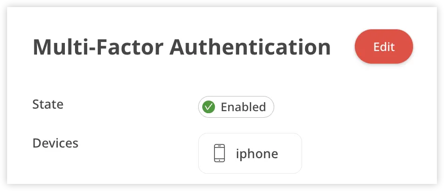 Multi-Factor Authentication settings showing enabled state and connected device information.