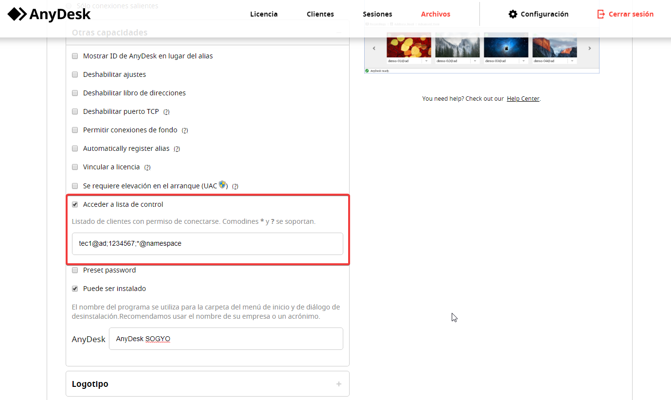 Configuración AnyDesk ACL panel