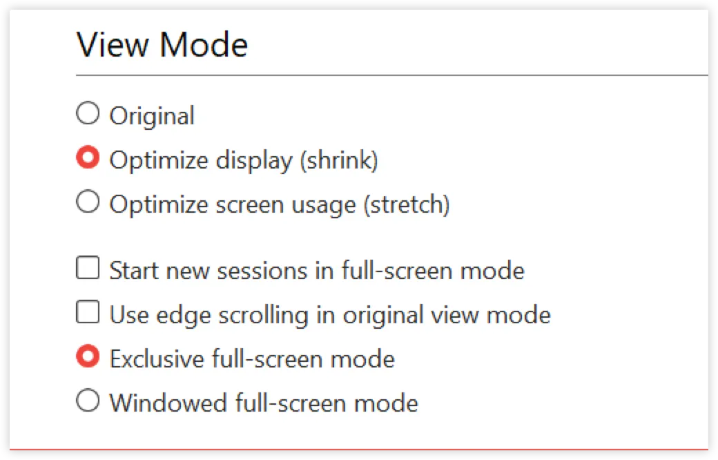 Options for view mode include original, optimized display, and exclusive full-screen mode.