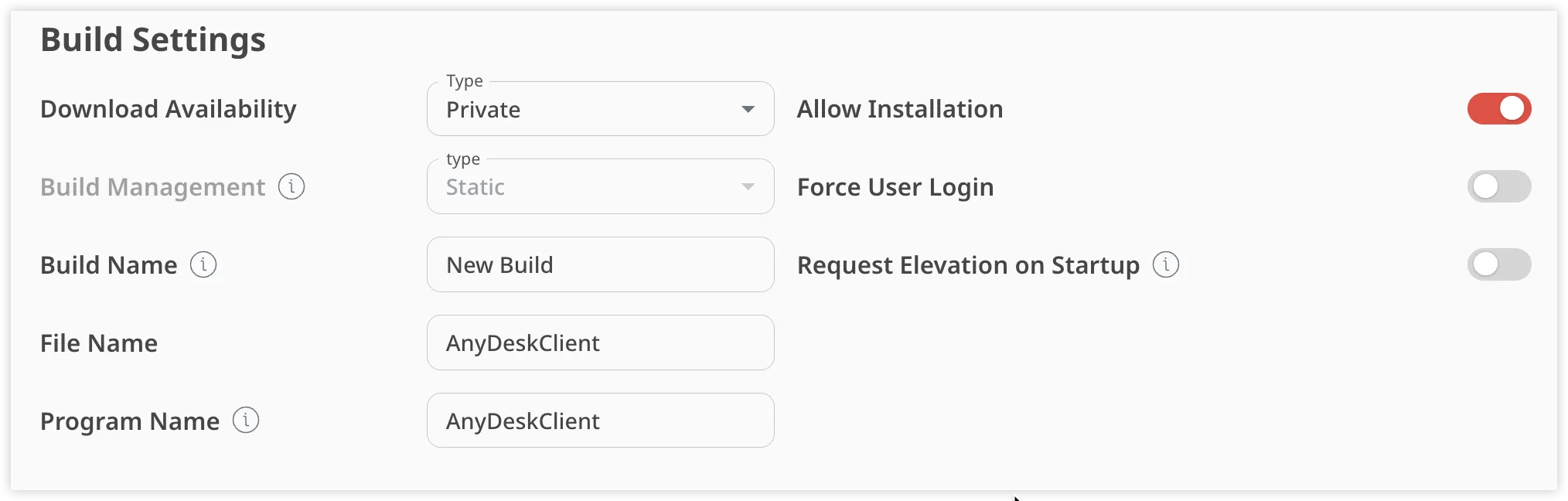 Settings for build management including options for installation and user login requirements.