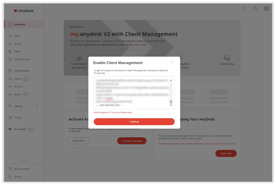 AnyDesk dashboard showing client management feature and private key input prompt.