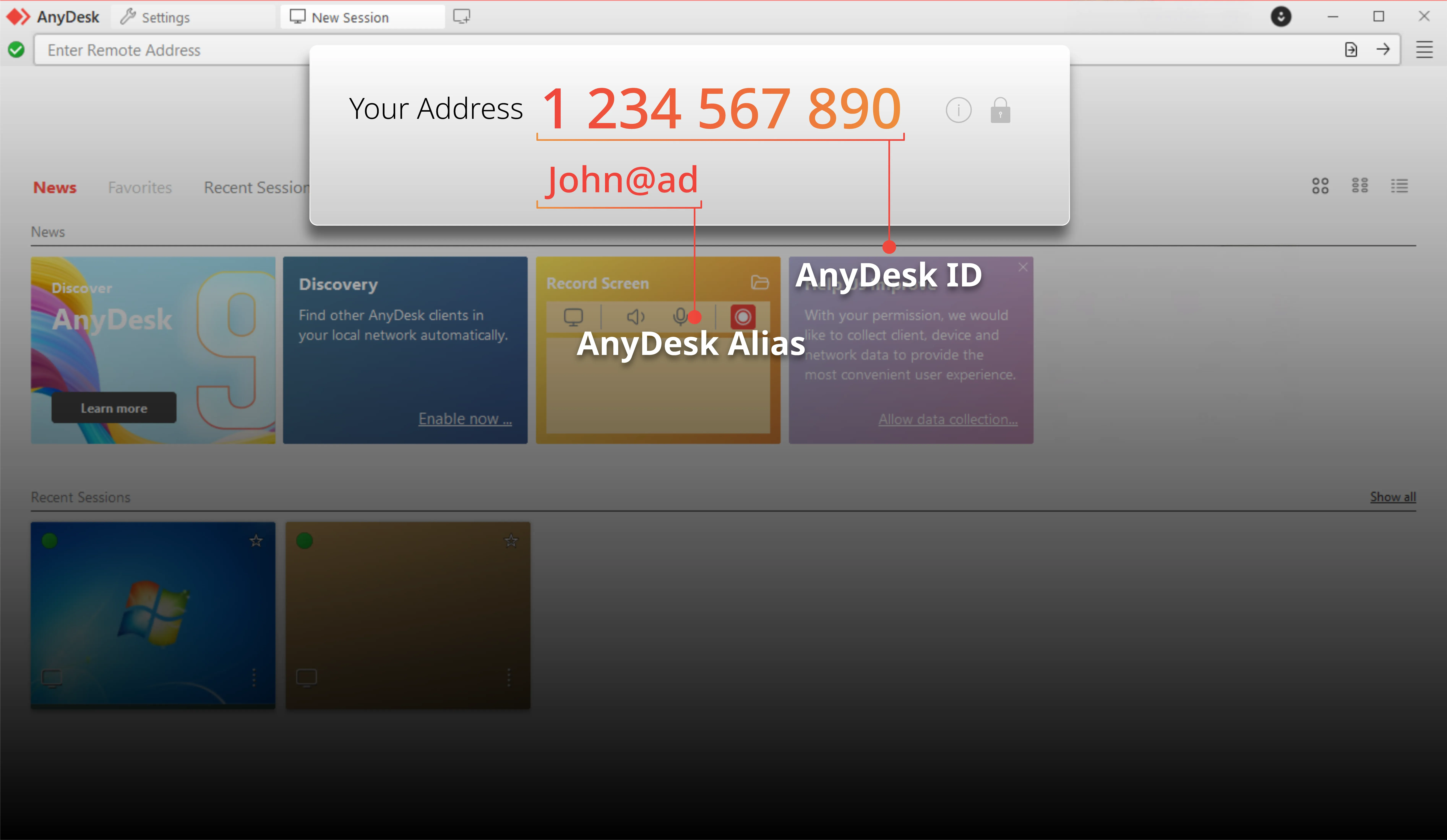 AnyDesk interface displaying user address, ID, and alias.