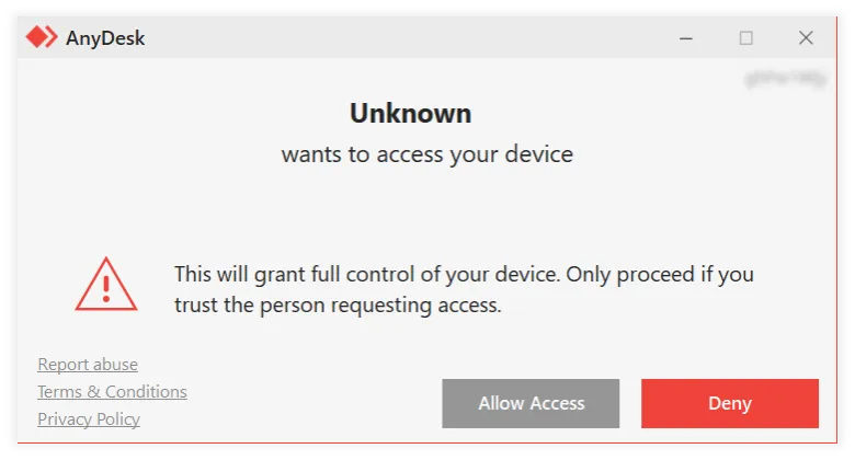 AnyDesk warning about unknown access request with options to allow or deny access.