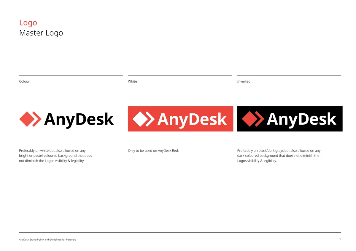 Las tres versiones oficiales del logo de AnyDesk - color, blanco sobre AnyDesk Red e invertido sobre fondos oscuros