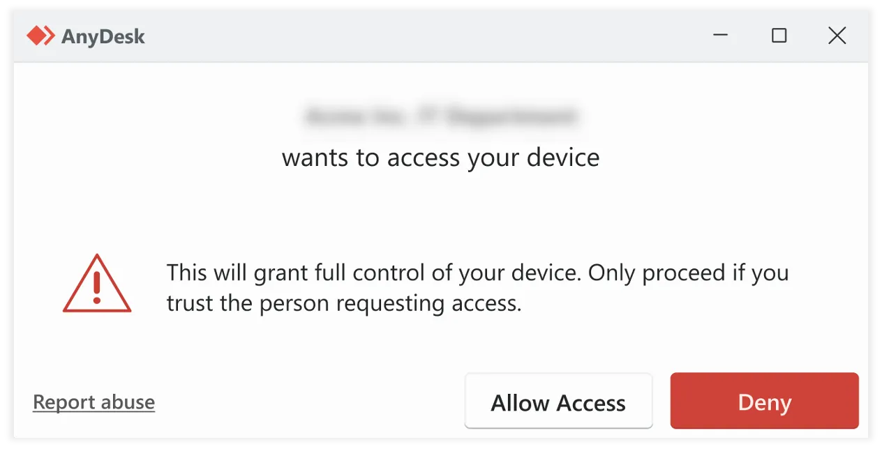 AnyDesk request for device access with warning about granting full control.