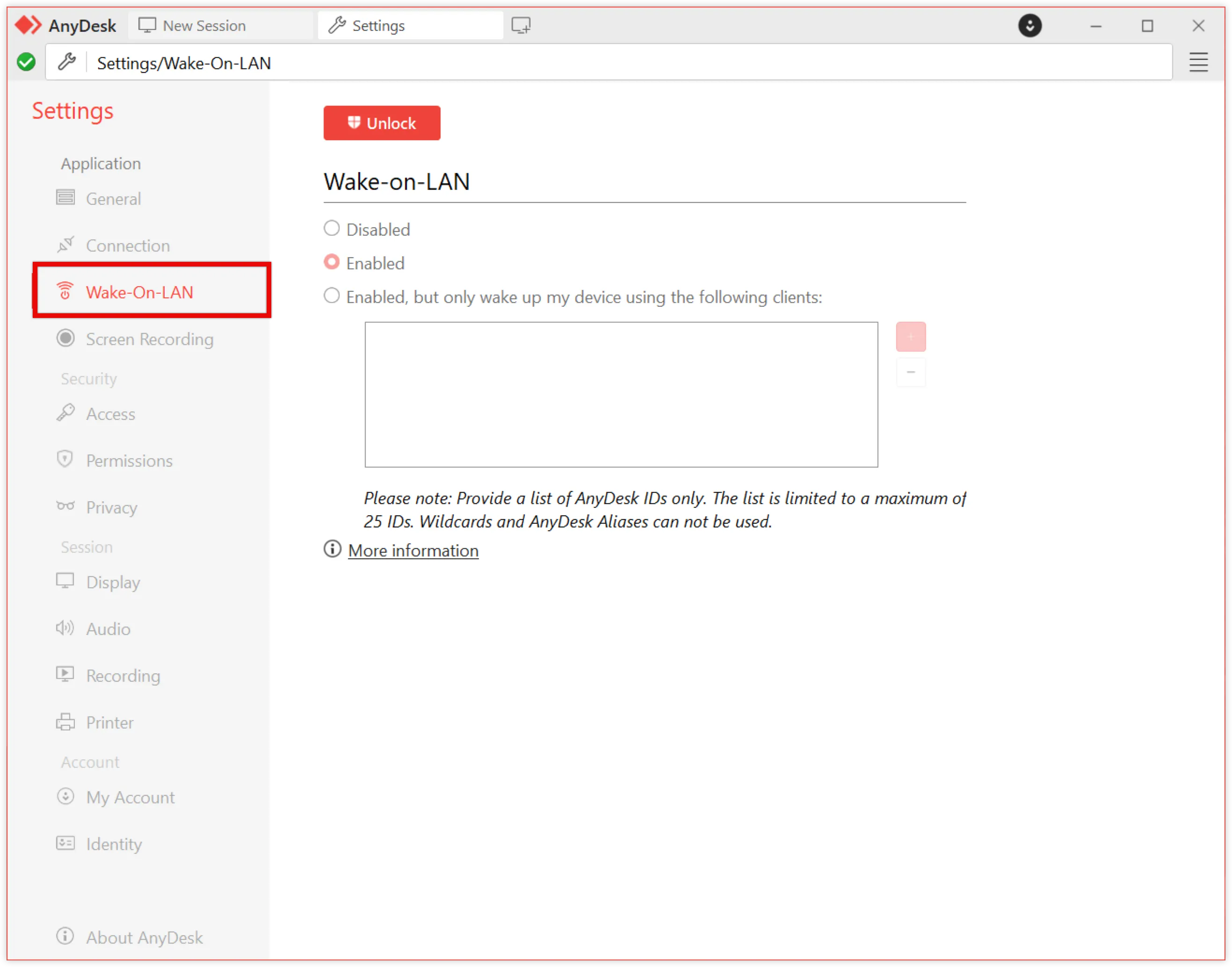 AnyDesk settings showing Wake-on-LAN options and instructions for device wake-up.