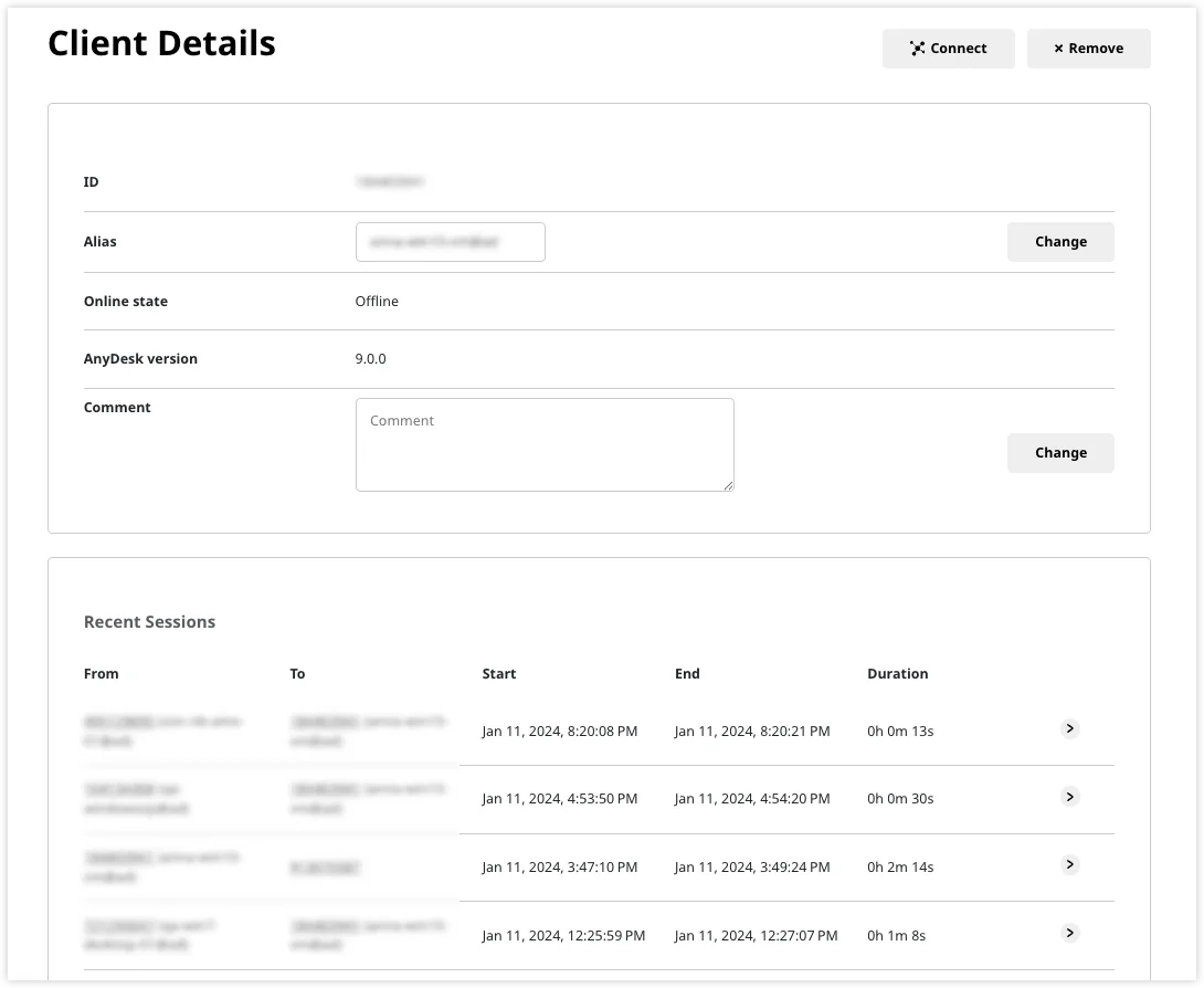 Detalles del cliente incluyendo ID, alias, estado y sesiones recientes