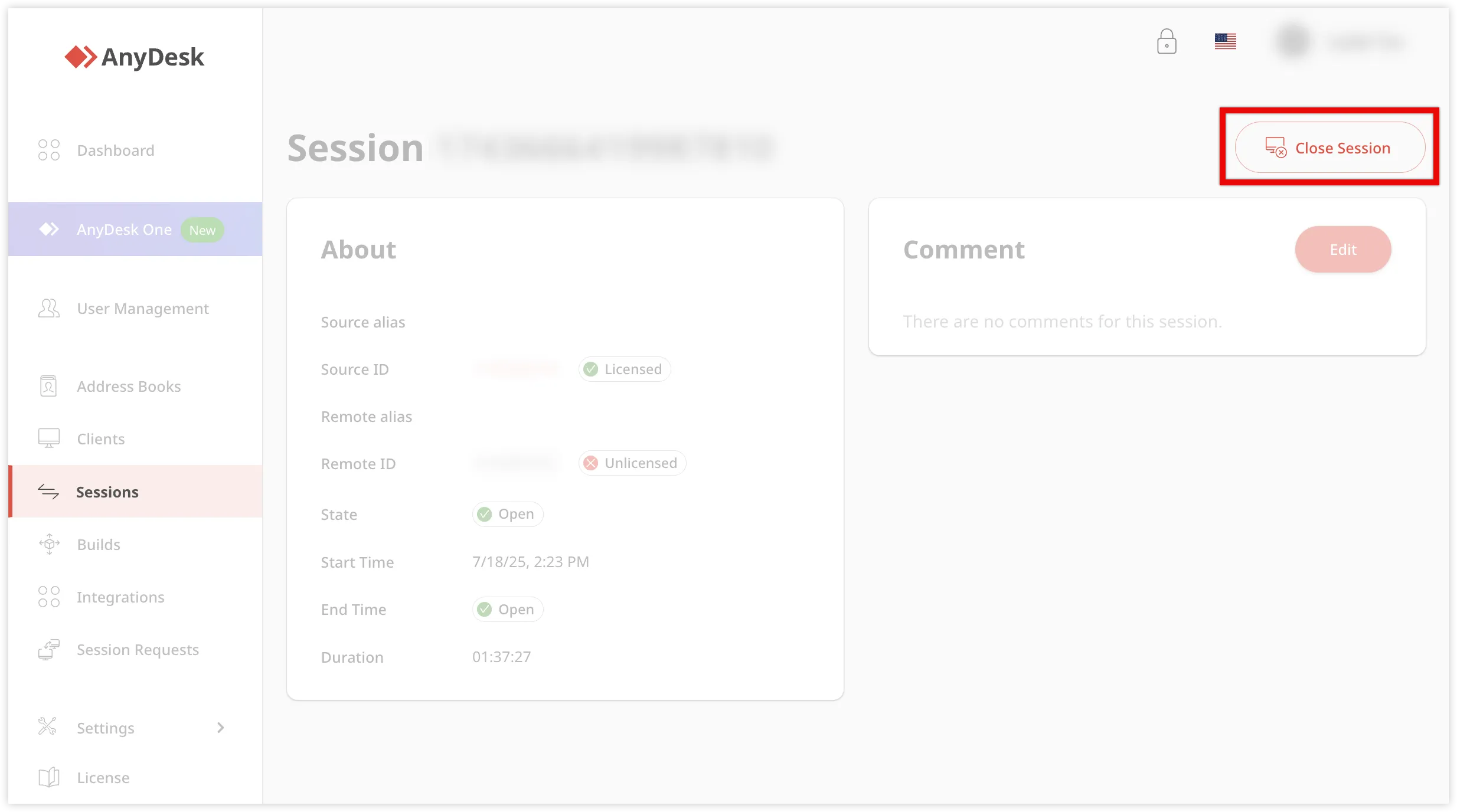 AnyDesk session details with options to close the session.