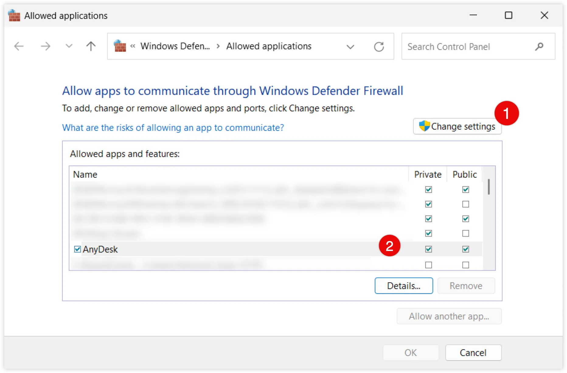 Windows Defender Firewall settings