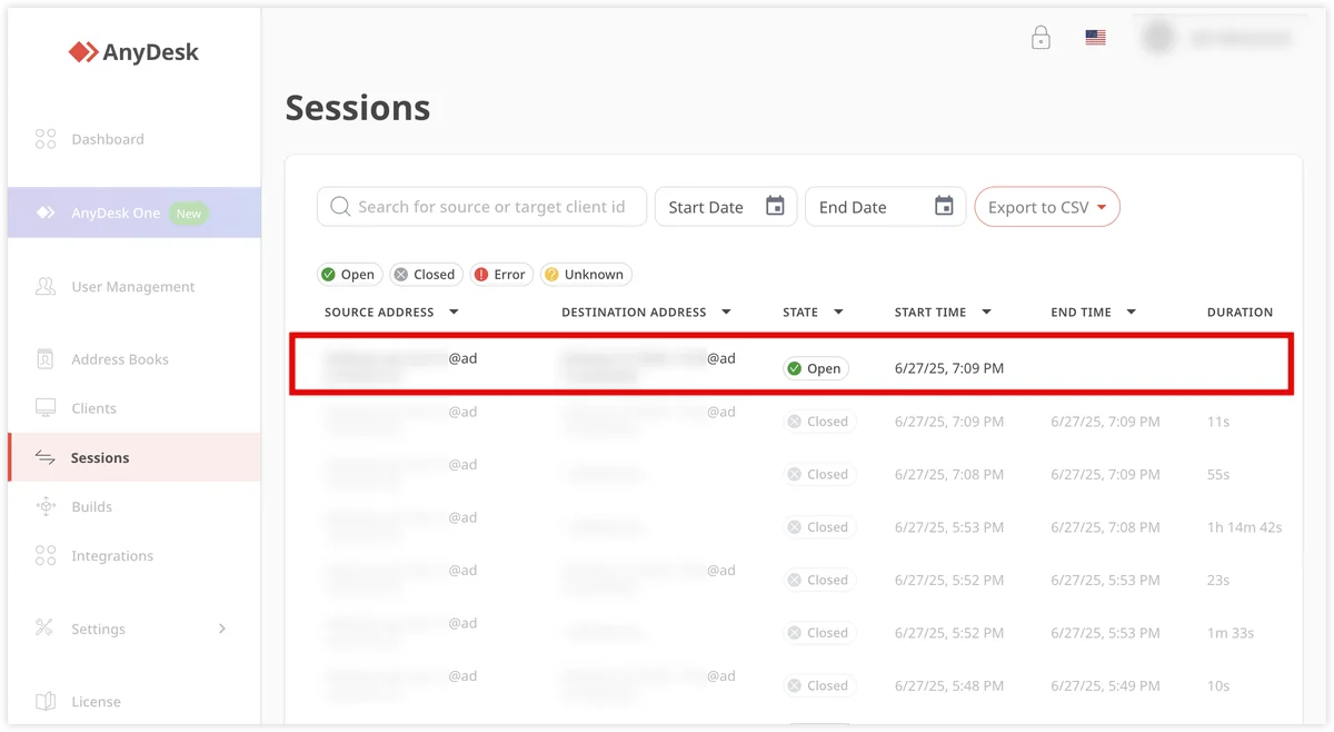 Tabla de sesiones en my.anydesk II con dirección de origen, destino, estado, inicio, fin y duración