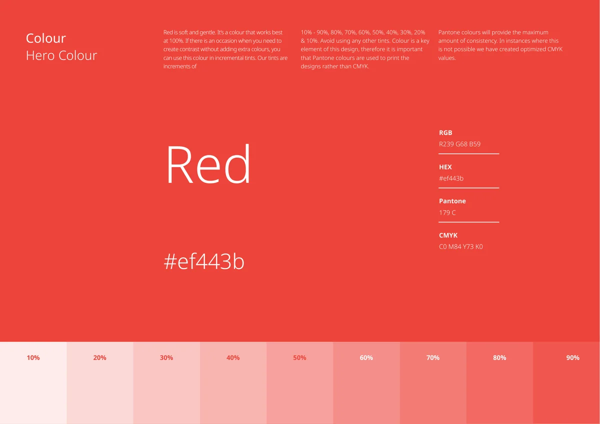 Paleta del color corporativo rojo de AnyDesk con sus valores HEX, RGB, Pantone y CMYK y la escala de tintes