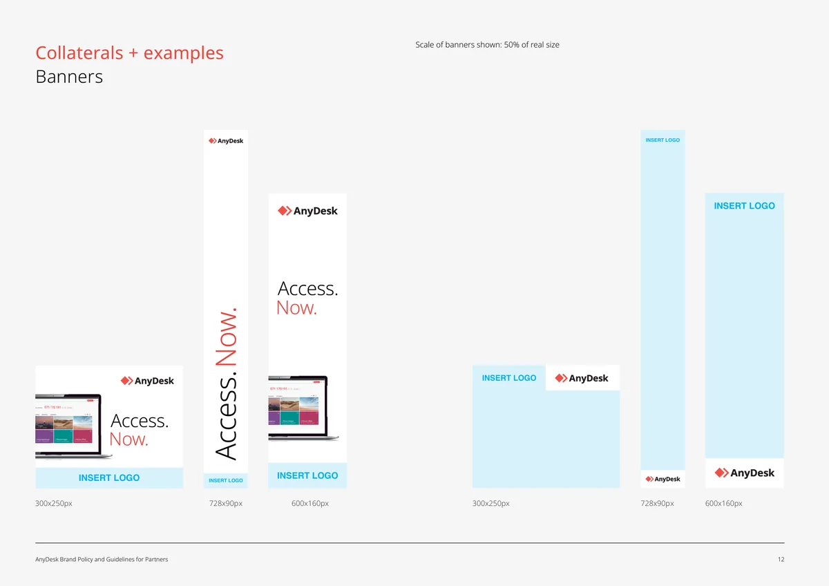 Ejemplos de banners de co-branding de AnyDesk con espacio reservado para el logo del partner