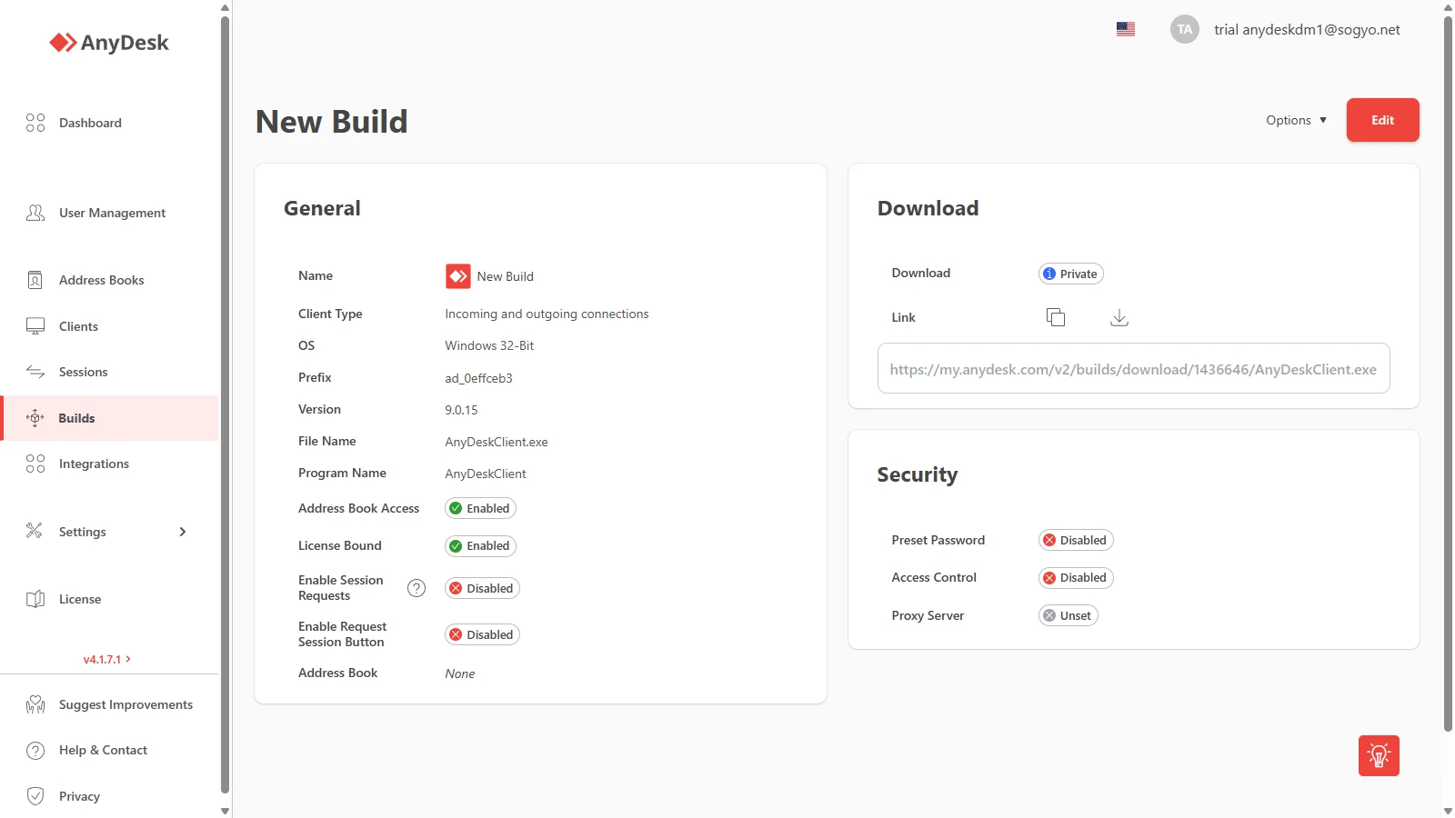 Vista de detalle con tarjetas, link de descarga, Options y Edit