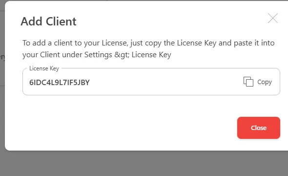Diálogo Add Client con la License Key