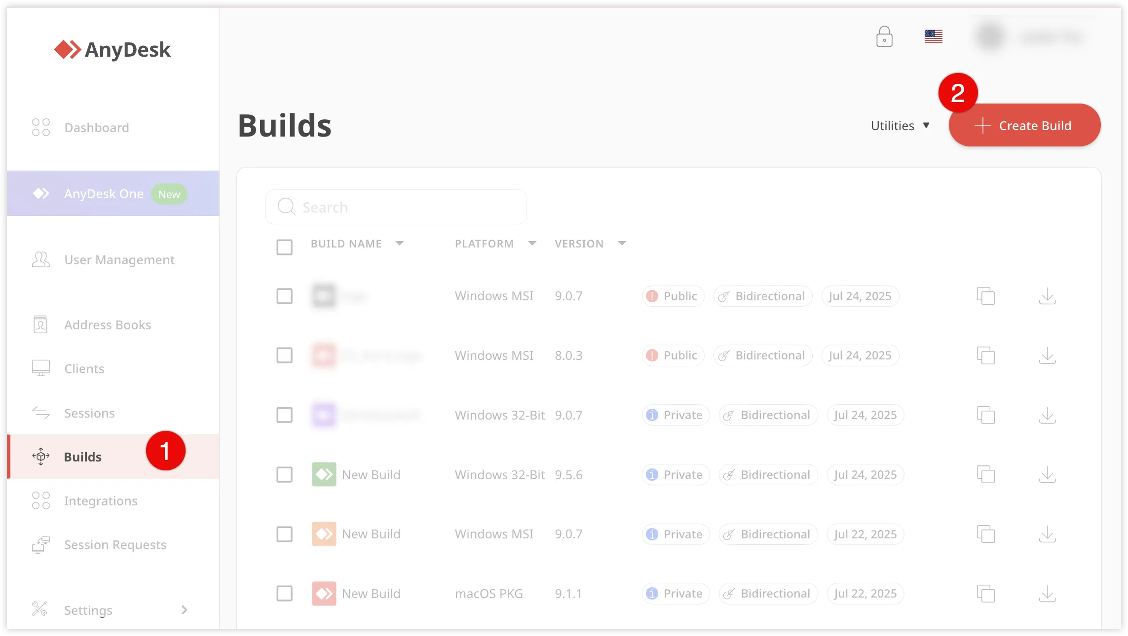 AnyDesk interface showing builds with options to create and manage builds.