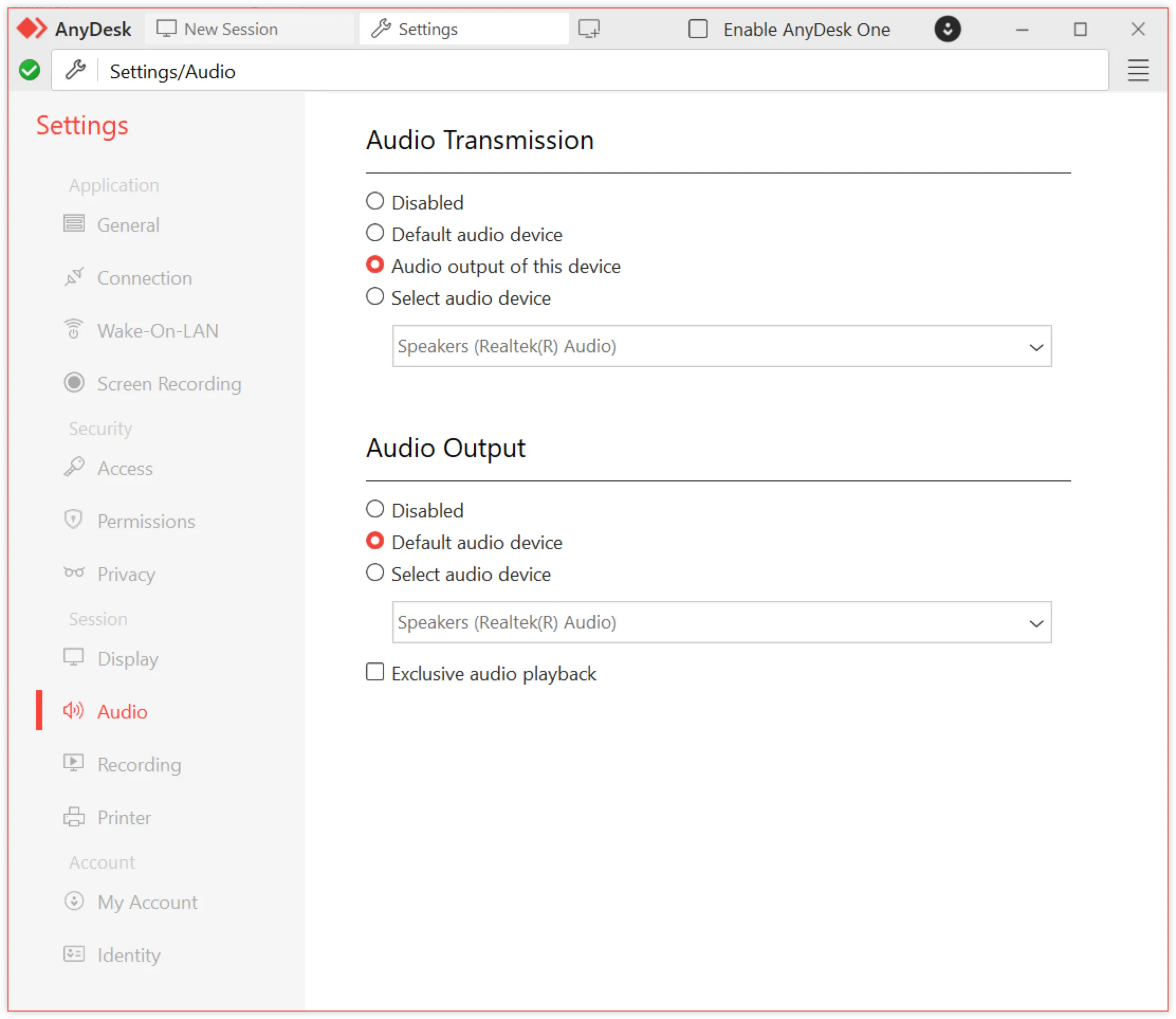 AnyDesk audio settings showing transmission and output options for devices.