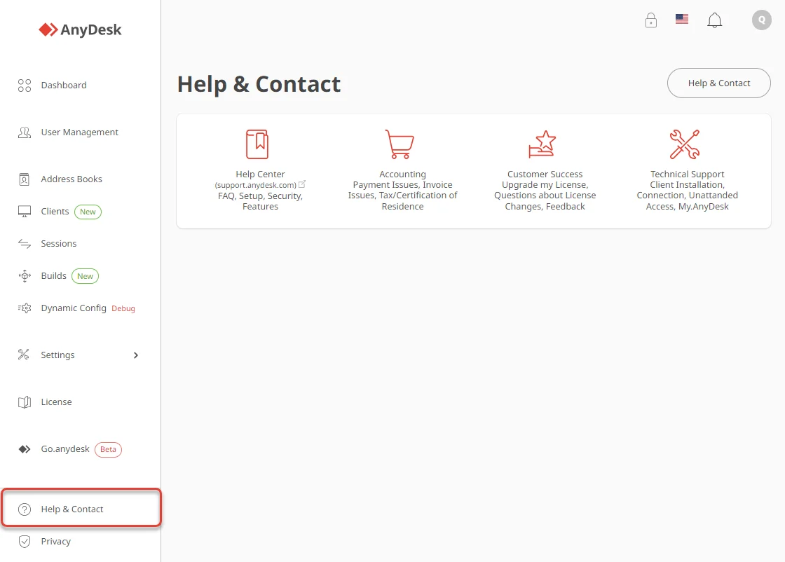 Página de Ajuda e Contato no my.anydesk II com as opções de suporte disponíveis