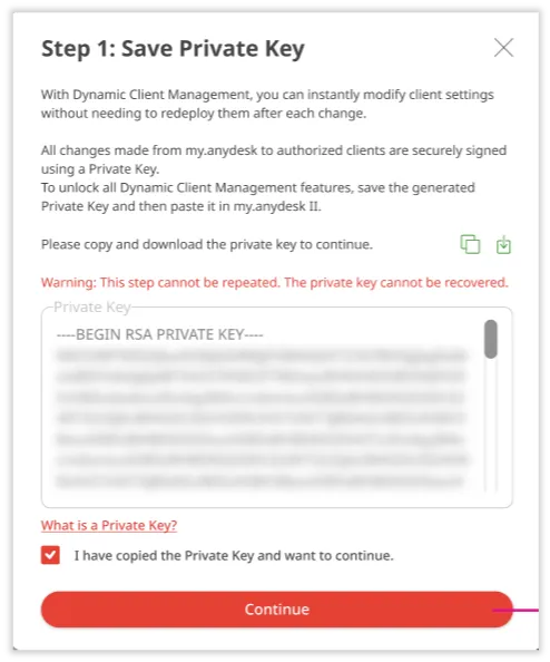 Instructions for saving a private key in Dynamic Client Management interface.