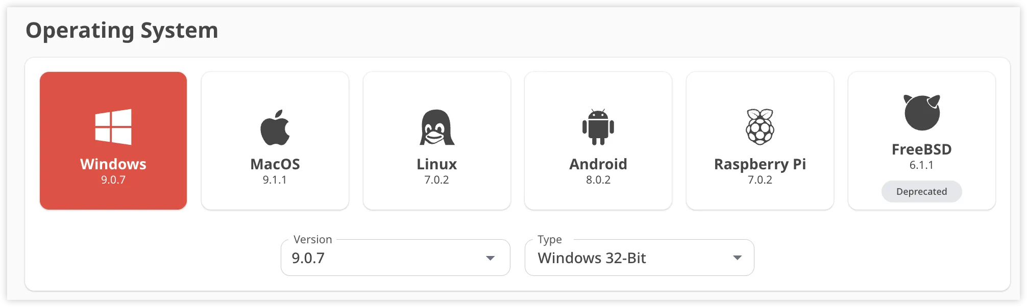 Operating system selection interface displaying various OS options and their versions.