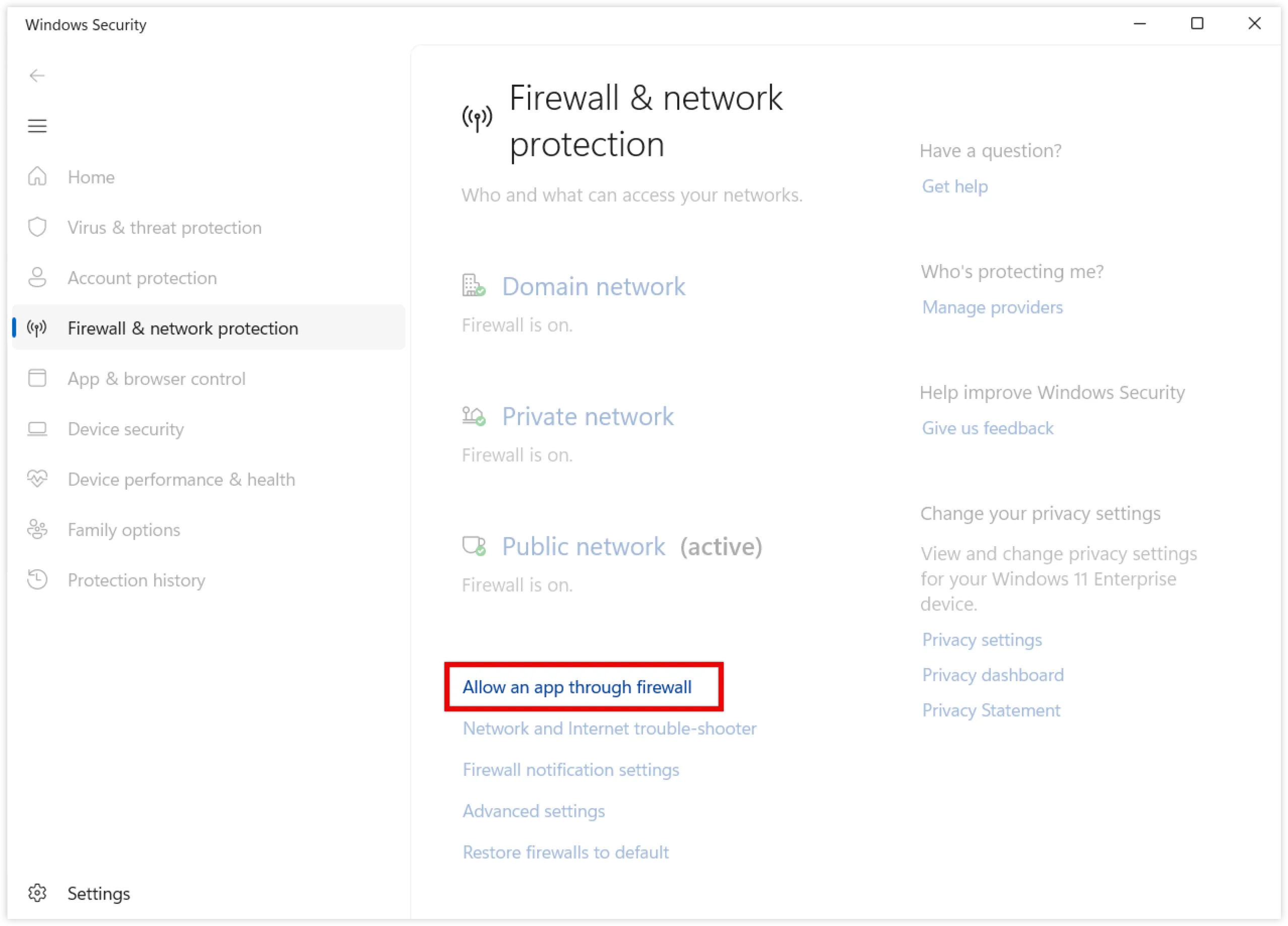 Windows Security settings showing firewall options and allowing apps through the firewall.