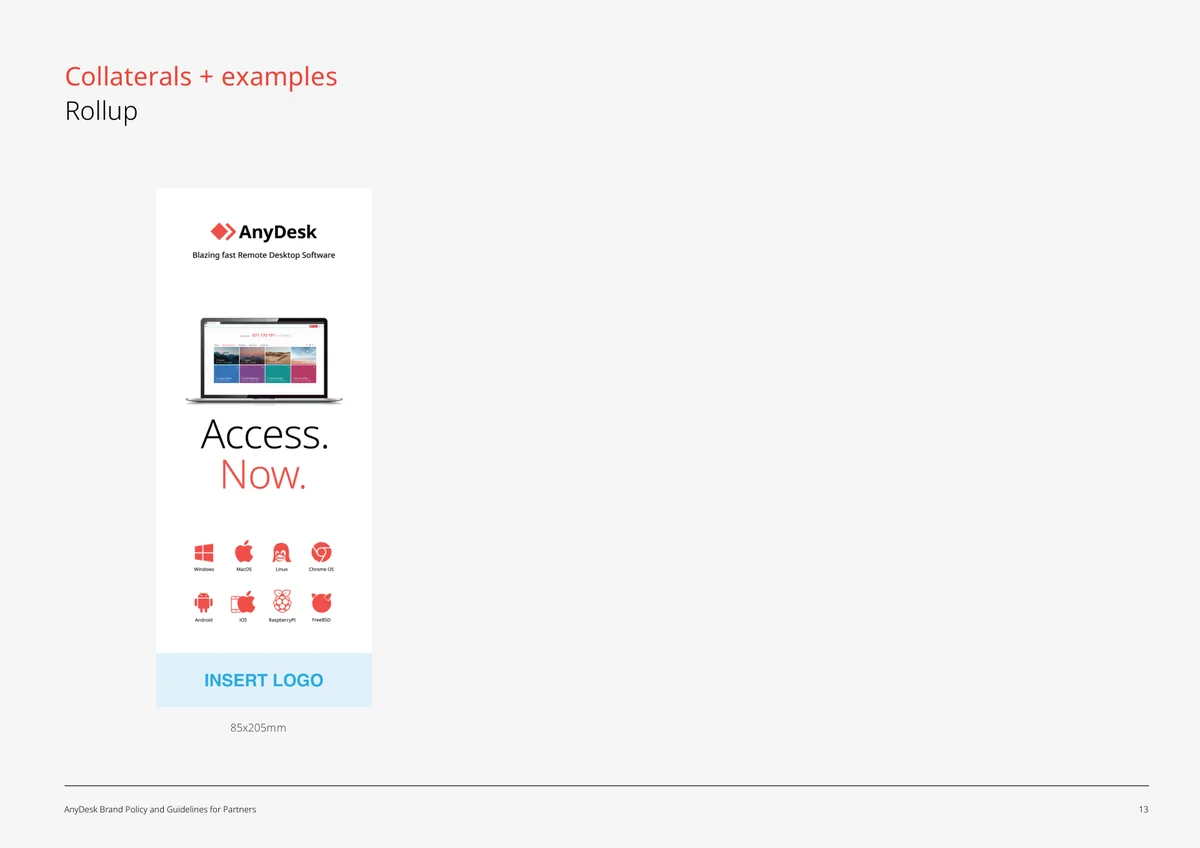 Ejemplo de rollup de co-branding de AnyDesk con espacio reservado para el logo del partner