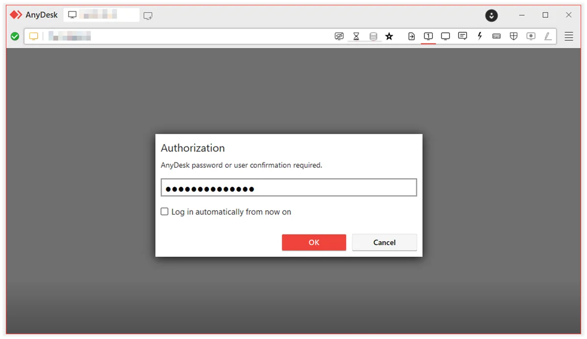Diálogo de autenticación solicitando contraseña de AnyDesk